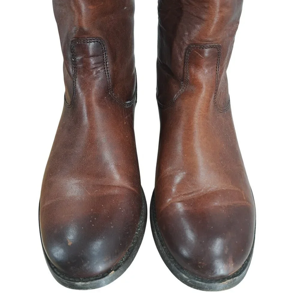 Frye Melissa Knee High Leather Brown Riding Boots Size 6.5 Distressed Snap Zip